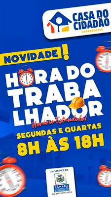 🚨 ATENÇÃO, TRABALHADORES CAMANDUCAIENSES! 🚨

😉 Tem novidade chegando para facilitar a sua vida! A partir de agora, a Casa do Cidadão, terá um novo HORÁRIO DE ATENDIMENTO ESTENDIDO as SEGUNDAS E QUARTAS das 8H ÀS 18H, chamado de "Hora do Trabalhador"! ⏰💼

🤝 Sabemos o quanto a rotina de trabalho pode dificultar o acesso aos serviços públicos, e é por isso que a Câmara de Vereadores está sempre buscando maneiras de melhorar o atendimento para os nossos trabalhadores. Essa mudança é mais uma prova do nosso compromisso em estar ao lado de vocês, facilitando o seu dia a dia!

Venha aproveitar essa oportunidade e saiba que estamos juntos por uma Camanducaia mais acessível e mais eficiente! 💙🙌

⚠ Entre em contato conosco:
🏠 RUA TIRADENTES, Nº 79 CENTRO - (Ao lado do Fórum)
📱 35 3433 - 1954 (Whatsapp)

👉 Compartilhe essa publicação com seus amigos!

#camaramunicipal #suavoznossaação  #horadotrabalhador #casadocidadao #cafen #alistamentomilitar #apoiojuridico #documentos #tirarrg #boletos #parceria #acolhimento #direitodocidadão #procon #direitodoconsumidor  #transparência #camaratransparente #cidadaoinformado #uaimg #poupatempo