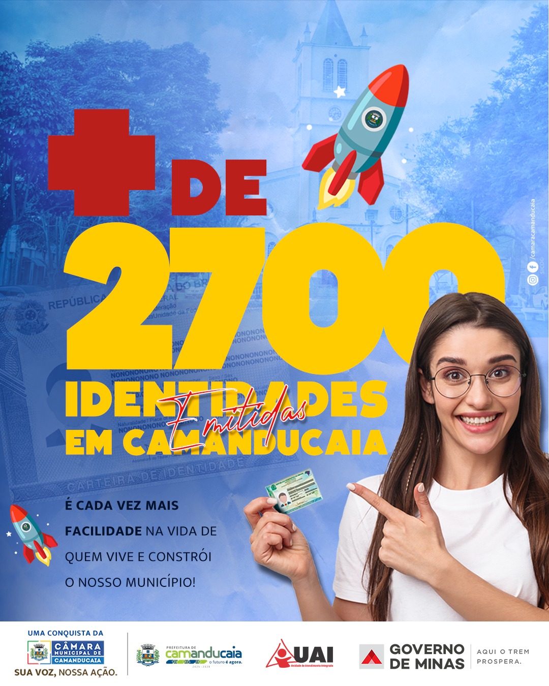 Photo by Câmara Municipal de Camanducaia on January 28, 2026. May be an image of one or more people, poster, banner and text that says 'DE DE 2700 IDENTDADES DES IDENTE mitiojas EM CAMANDUCAIA AIA ÉCADAVEZMAIS CADA VEZ MAIS FACILIDADE FACILIDADENAVIDAD NA VIDA DE QUEM VIVE E CONSTRÓI o NOSSO MUNICÍPIO! UMA CONQUISTAD DA CAMARA CAMANDUCAIA SUA voz, NOSSA NOSSAAÇAO. AÇAO. camanducaia 기는는 nducaia GOVERNO DE MINAS AQUI AQUIOTR OTREM PROSPERA.'.