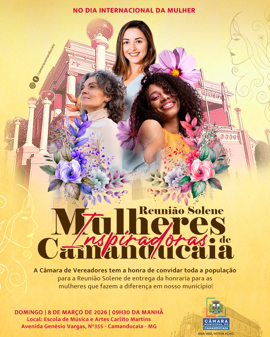 Photo by Câmara Municipal de Camanducaia in EMMA - Escola Municipal De Musica E Artes - Camanducaia with @muriloadvogado, @wanessasimplicio, @talita_helena, @nascimentovinicius, @enfshirley, @serginhovargasjunior, @dudemonteverde, @rodrigaocamanducaia, @rodrigomessiasmg, @ailton_sousa_8, @gilmarpereira2006, @reginaldo_oliveira259, @leandrodojaguary, @ashirleyenfermeira, and @edivaldobatistamarques. May be an image of one or more people, poster, banner and text that says 'NO DIA INTERNACIONAL DA MULHER camaracamanducaia 전다누산 9象商物 ๑งงง Molheres Ml Reunião Solene Cainana/lcaia nsurao ohas. de Inspiradoraso A Câmara de Vereadores tem a honra de convidar toda a população para Reunião Solene entrega honraria para as mulheres que fazem a diferença em nosso município! DOMINGO 8 DE MARÇO DE 2026 |09H30 DA MANHÃ Local: Escola de Música Artes Carlito Martins Avenida Genésio Vargas, N°355 Camanducaia MG AMARA MA UNICIPALDE CAMANDUCAIA AÇÃO.'.